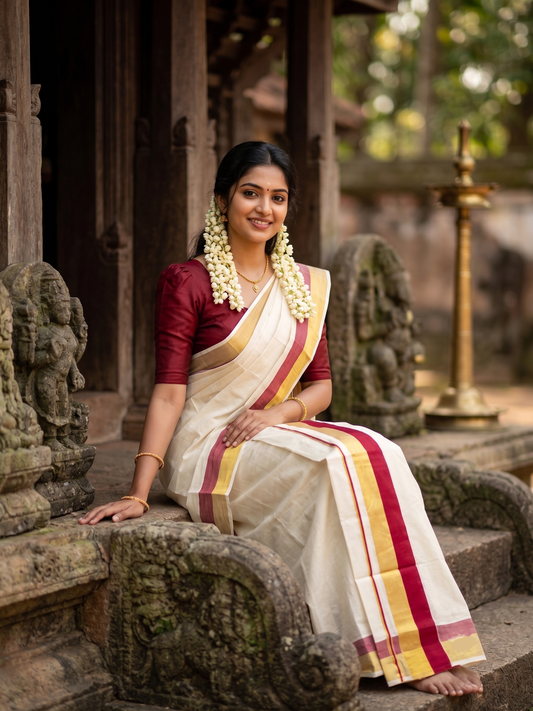 Kerala Cotton Set Mundu (Mundum Neriyathum) with Maroon and Kasavu Border 2.80 Mtrs SLKK SL504