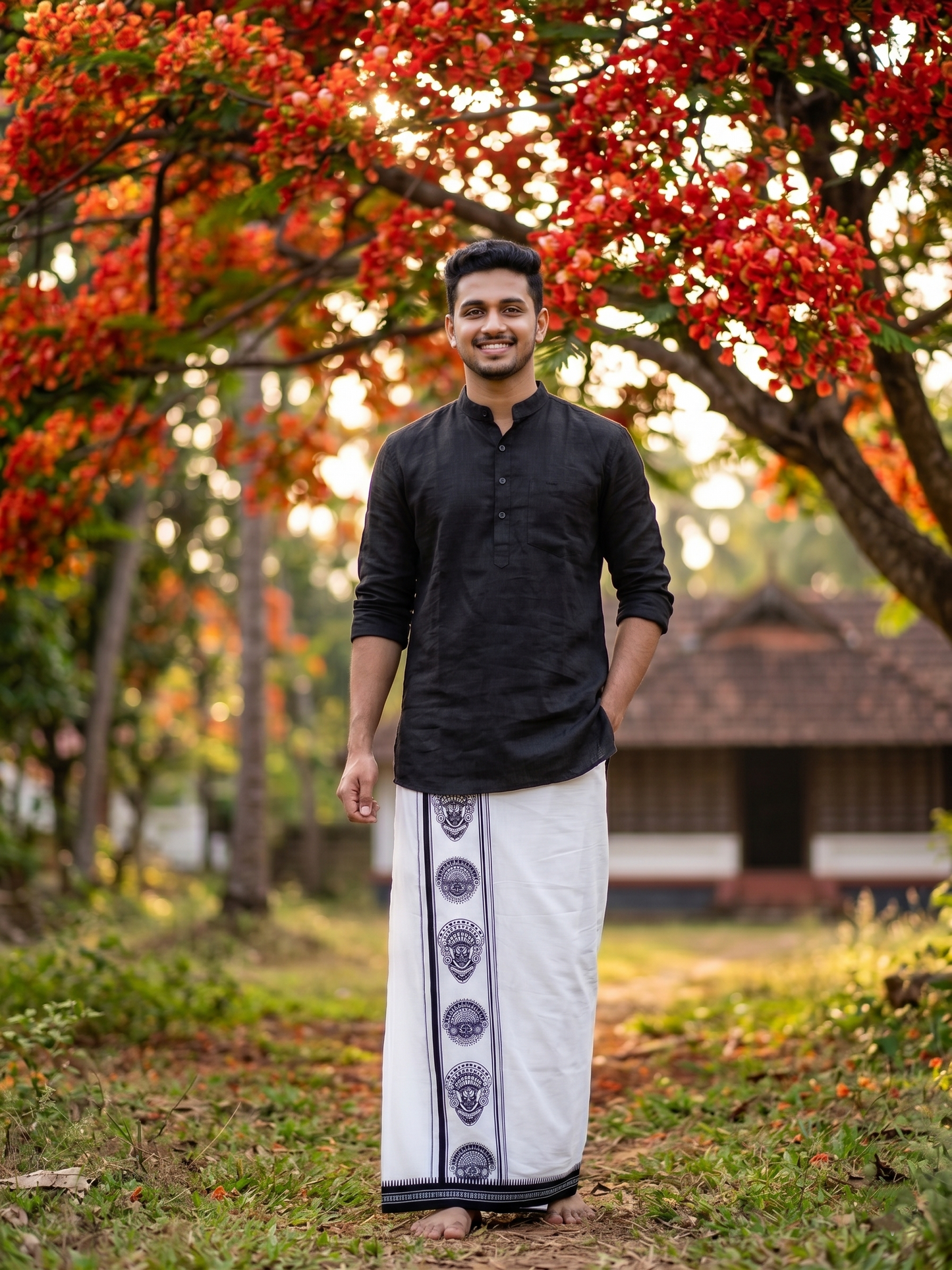 Southloom Black Printed Single Mundu / Lungi (South Indian Kerala Dhoti)