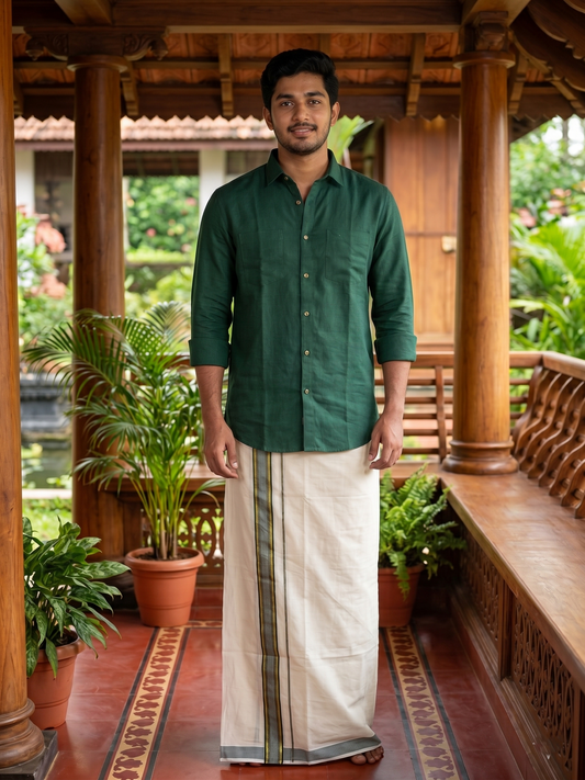 Southloom Pure Cotton Mundu with Gold lines& Green Border (South Indian Kerala Dhoti)