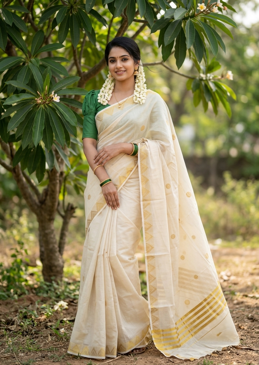 Southloom Tissue Kerala Kasavu Saree with Woven Work on Body and Temple Border