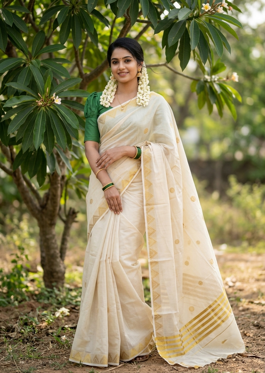Southloom Tissue Kerala Kasavu Saree with Woven Work on Body and Temple Border