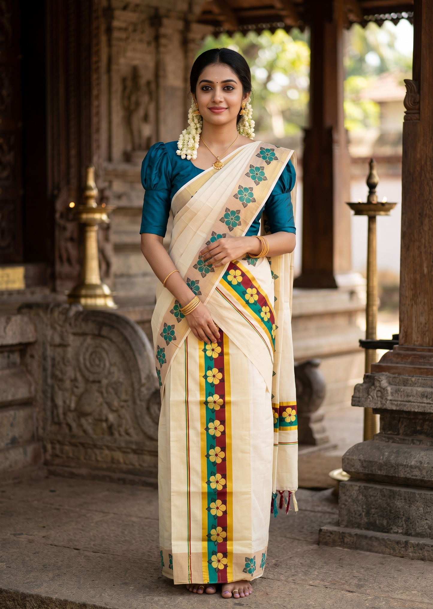 Kerala Pure Tissue Set Mundu Single (Mundum Neriyathum) with Floral Prints on Gold Kasavu Border in 2.80 Mtrs SL569