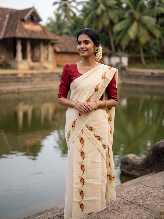 Southloom Kerala Tissue Kasavu Single Set Mundu (Mundum Neriyathum) Red and Golden Feather Embroidery Work