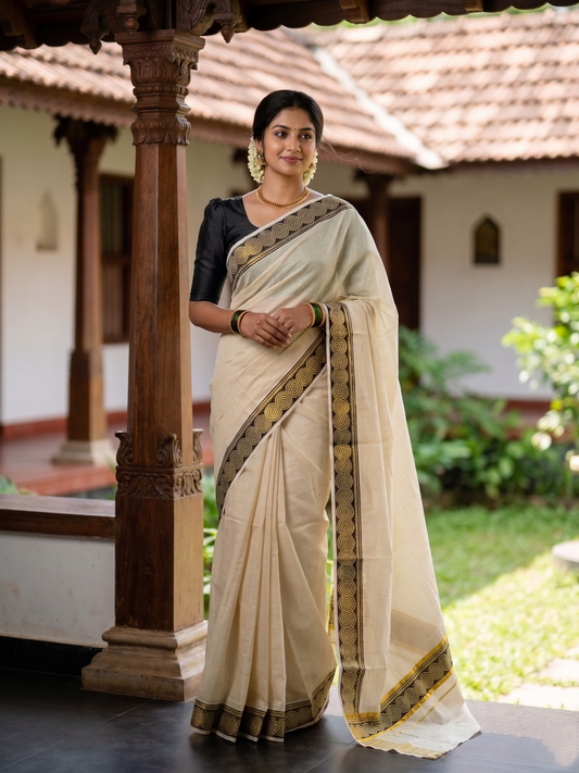 Southloom Kerala Tissue Kasavu Plain Saree Black Hand Printed SL350