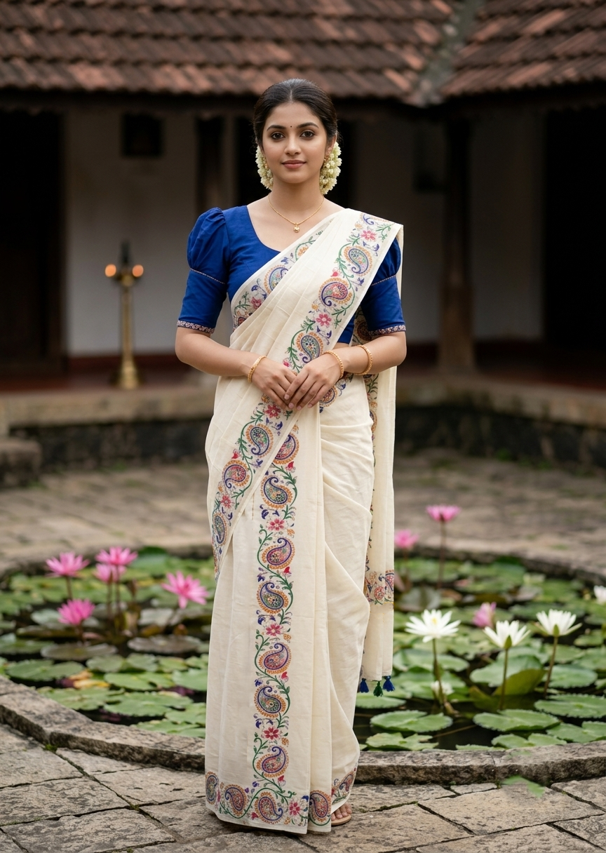 Southloom Cotton Single Set Mundu (Mundu Neriyathum) With Floral Print in 2.80 Mtrs With Blue Tussles SL388