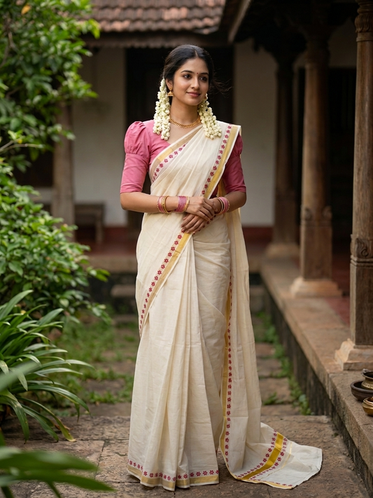Southloom Cotton Kerala Kasavu Saree with Block Printed Design on Borders and Kara