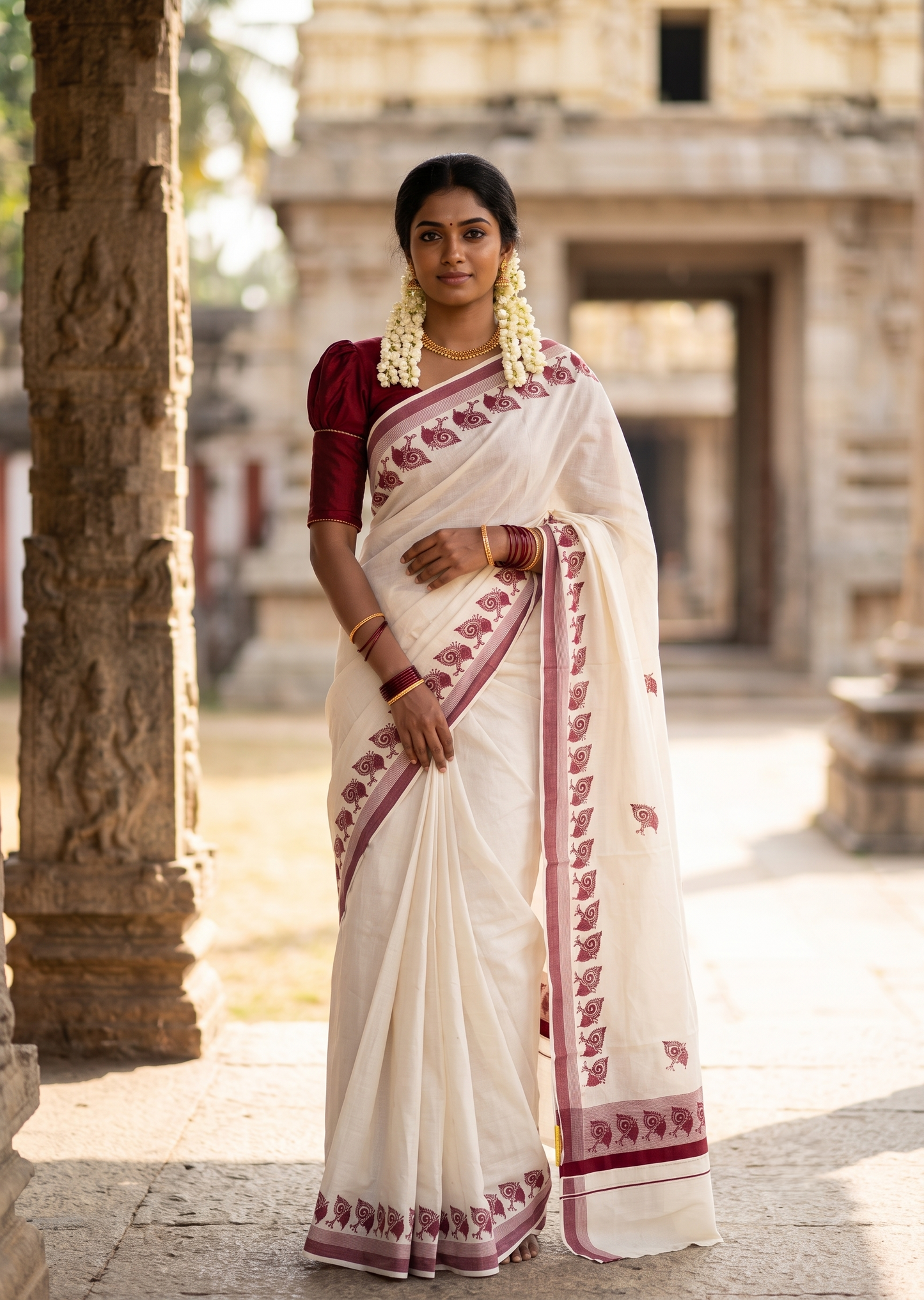Southloom Cotton Kerala Kasavu Saree with Digital Print on Body in Maroon SL533