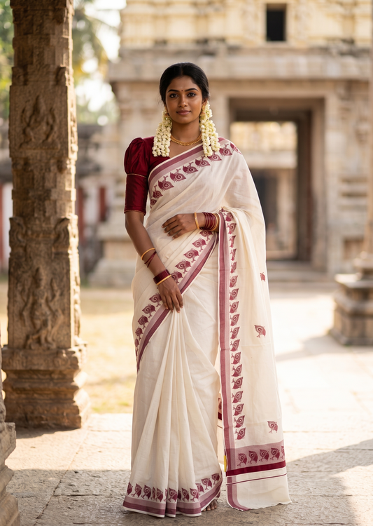 Southloom Cotton Kerala Kasavu Saree with Digital Print on Body in Maroon SL533