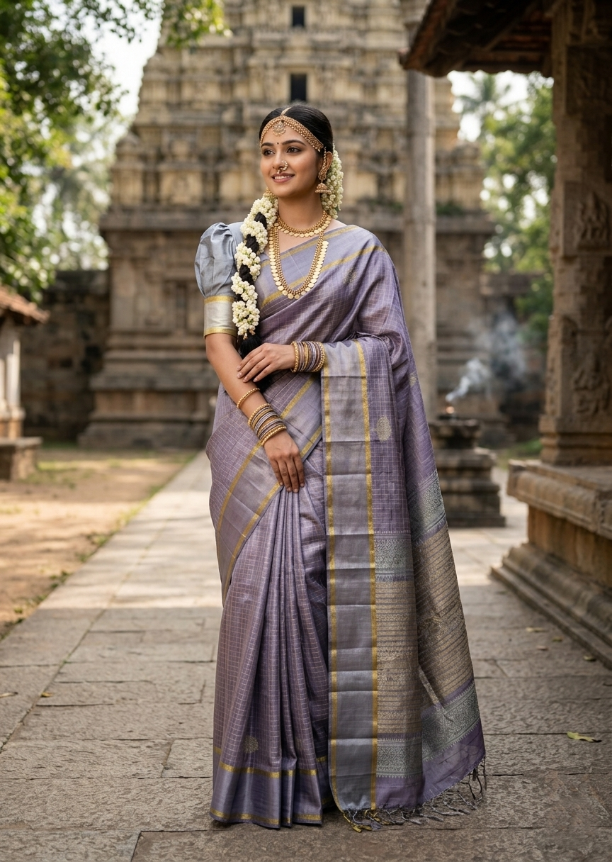 Southloom Pure Handloom Bridal Kanchipuram Silk Saree with Korvai Work (Lavander)