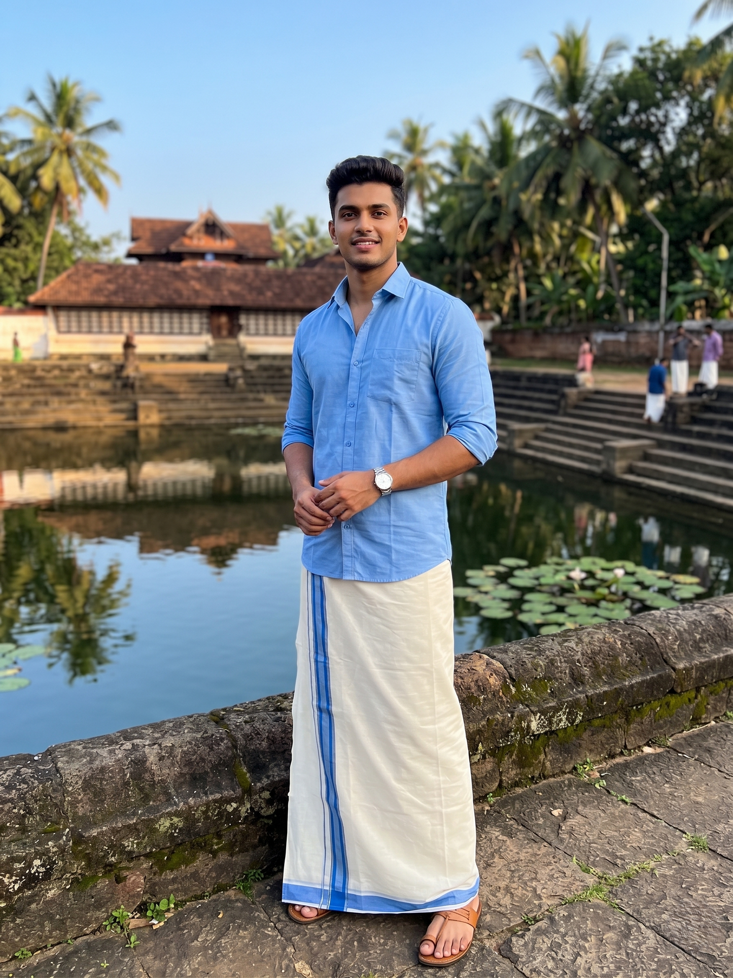 Southloom Kerala Pure Cotton Double Mundu with Silver Lines and Blue Border with (South Indian Dhoti)