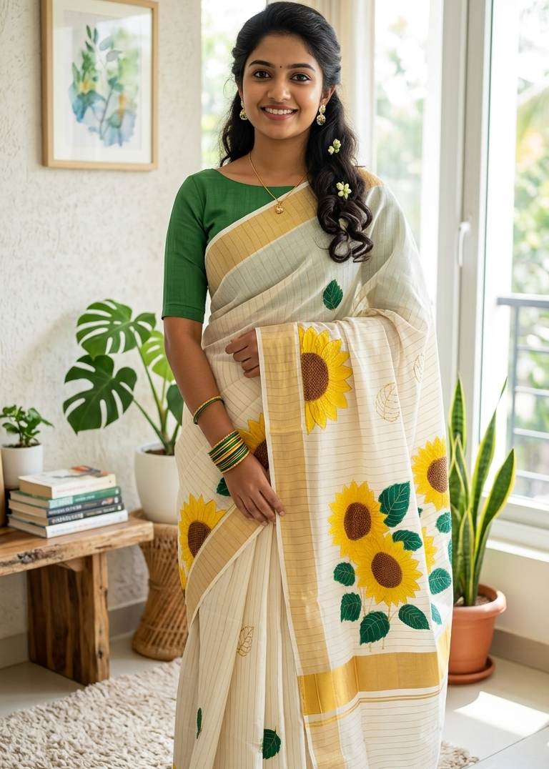 Kerala Cotton Saree With Sun Flower Print SLfloral