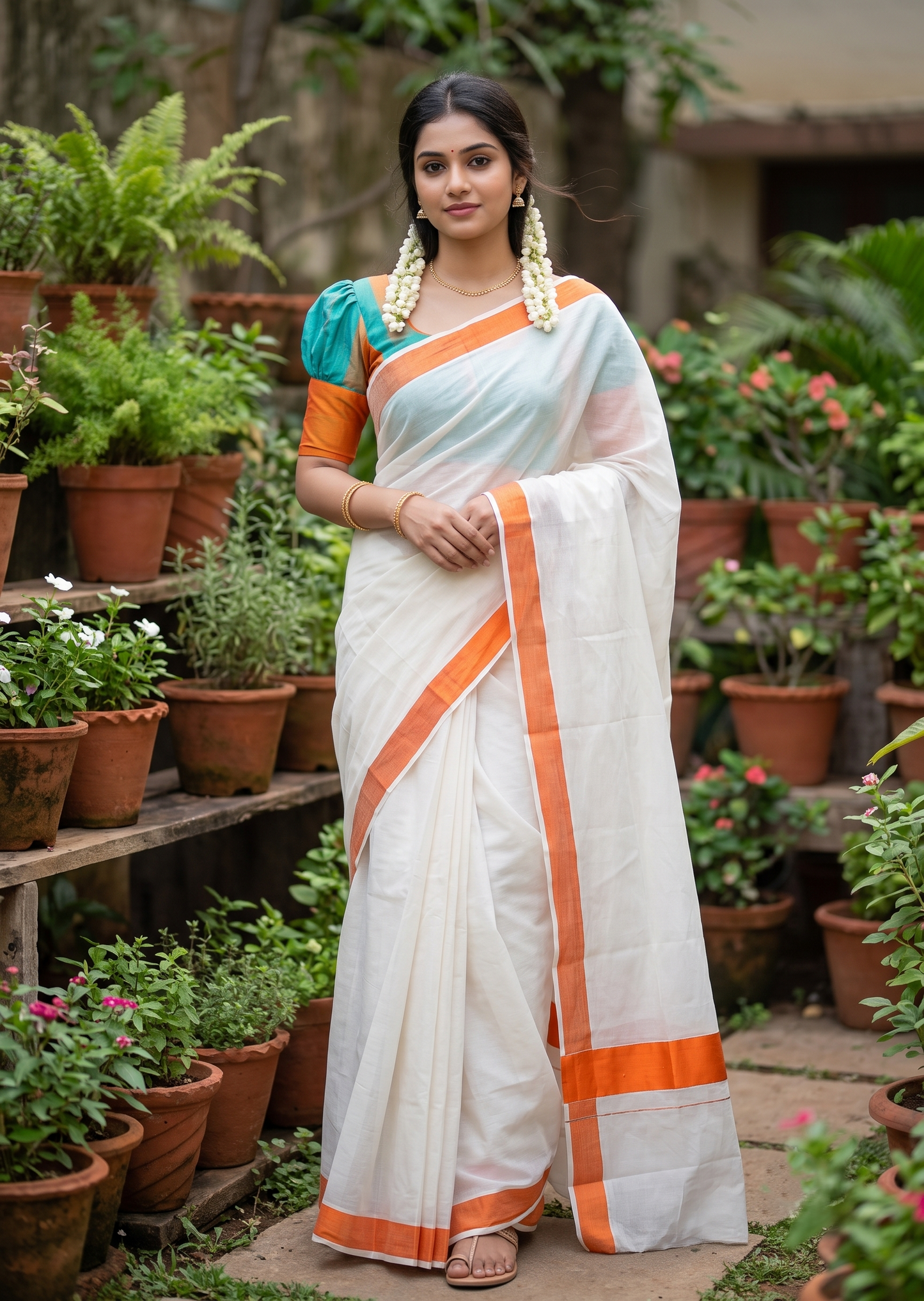 Southloom Pure Cotton Kerala Saree with Orange Plain Border