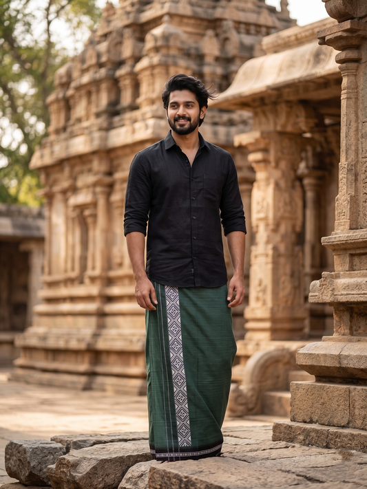 Southloom Green Printed Single Mundu / Otta Mundu / Lungi (South Indian Kerala Dhoti)