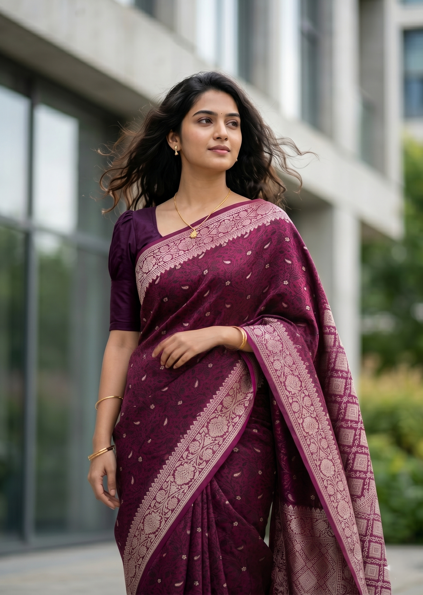 Southloom Pure Banarasi Silk Saree with Woven Work on Body and Borders (Purple)
