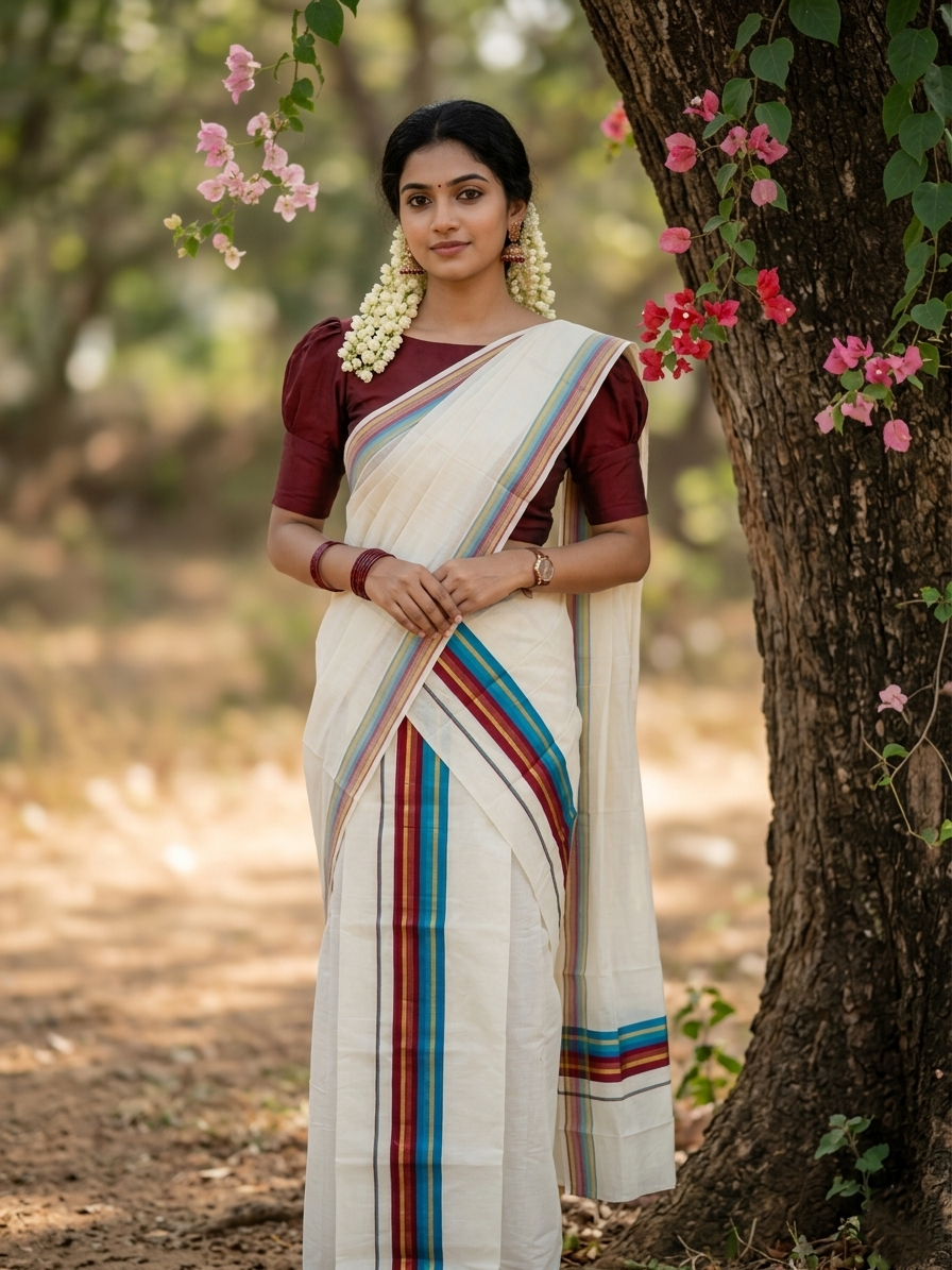 Kerala Cotton Kasavu Set Mundu (Mundum Neriyathum) with Maroon and Blue Border 2.80 Mtrs SLKK SL470