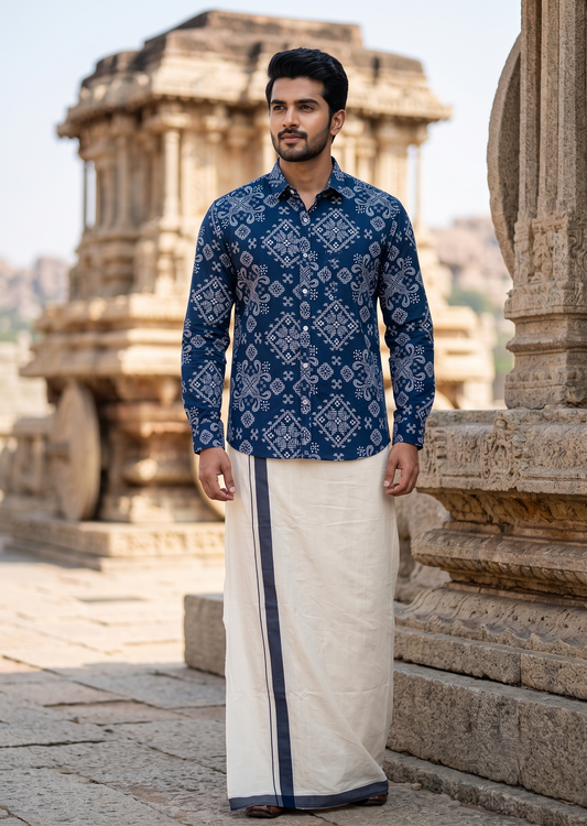 Southloom Cotton Jaipur Printed Men's Combo Full Sleeve (Shirt + Mundu) SLCOMBO SL564