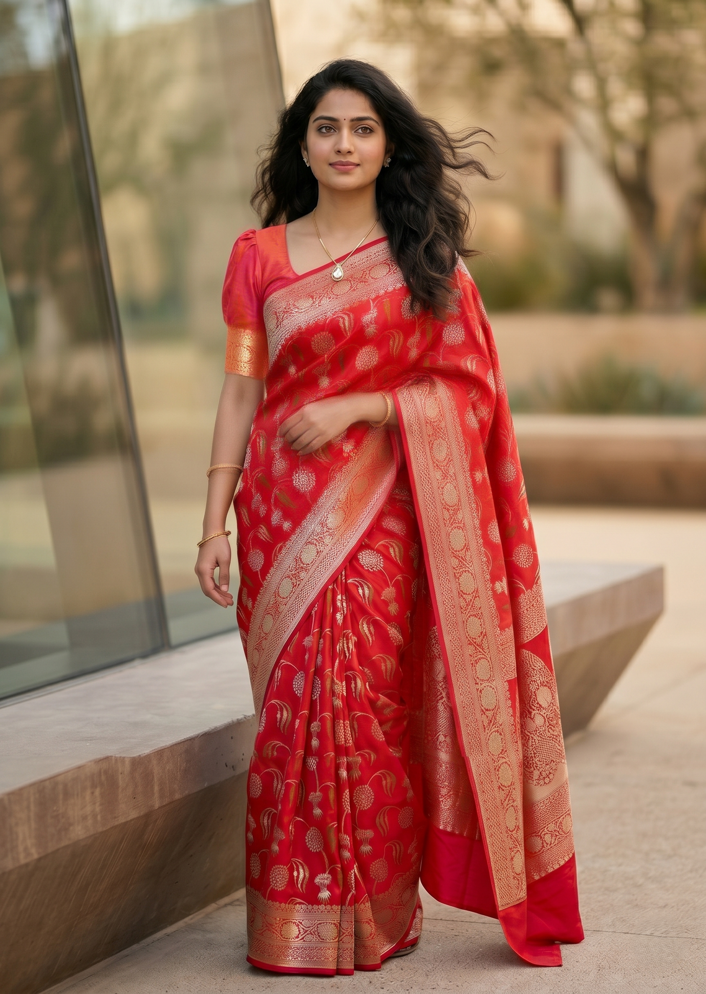 Southloom Pure Banarasi Silk Saree with Woven Work on Body and Borders (Pink & Orange)