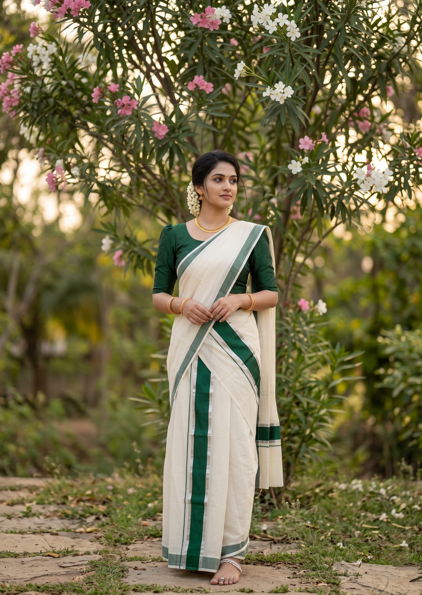 Kerala Cotton Mundum Neriyathum Single (Set Mundu) with Light Green and Silver Kasavu Border 2.80 Mtrs  SLKK SL470