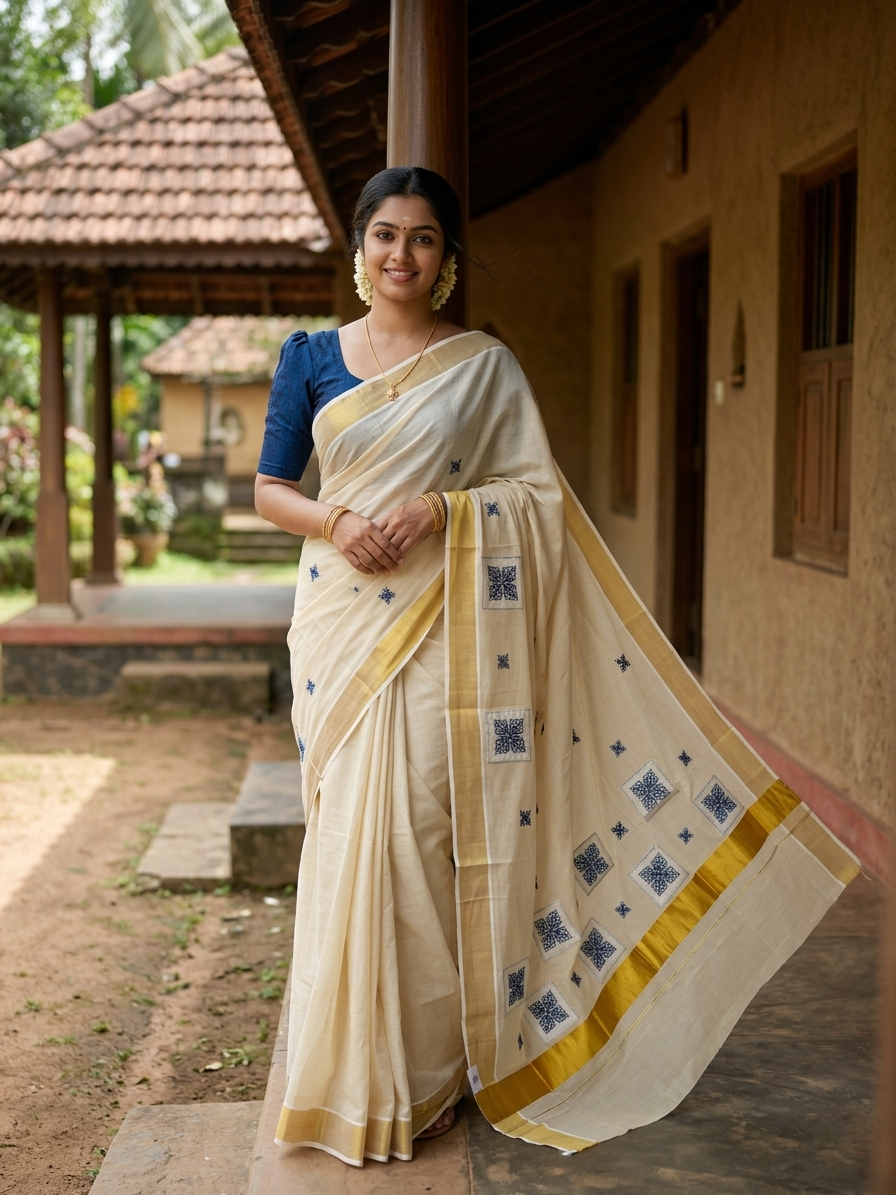 Southloom Kerala Tissue Kasavu Saree with Blue Appliq Work