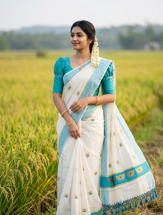 Southloom Kerala Tissue Kasavu Saree with Turquoise And Golden Lotus Embroidary Works on Body SL273