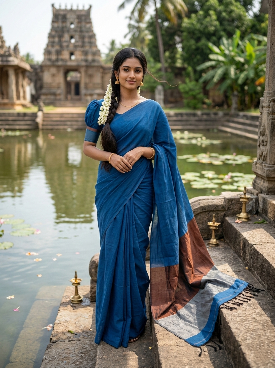 Southloom Mul Cotton 120 x 120 Soft Fabric Saree in Blue Colour