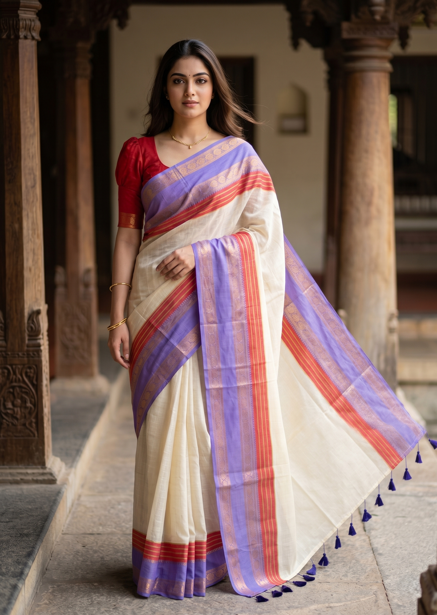Southloom Mul Cotton 120 x 120 Soft Fabric Saree Multicolour With Kanchi Border SL215