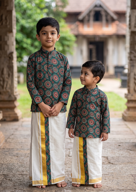 Southloom Cotton Ajrakh Printed Kids's Combo (Shirt + Velcro Mundu) SLKCOMBO SL605