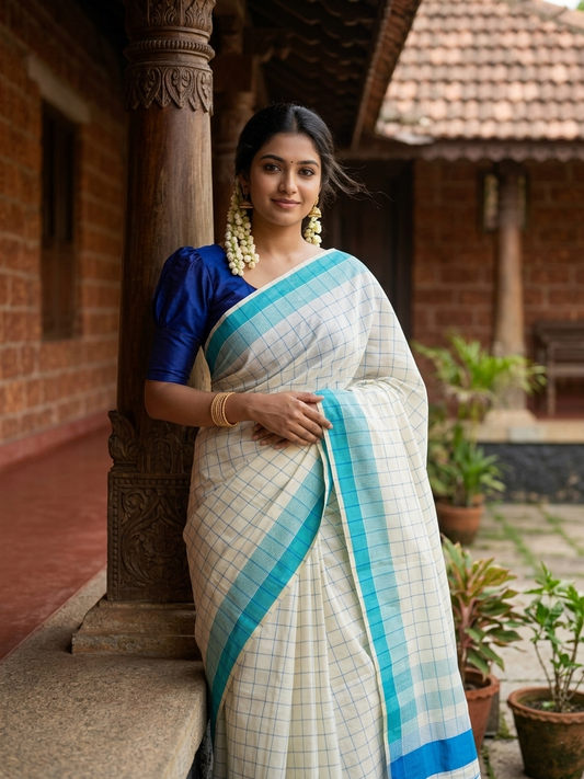 Pure Cotton Kerala Saree with Blue Kasavu Check Designs Across Body