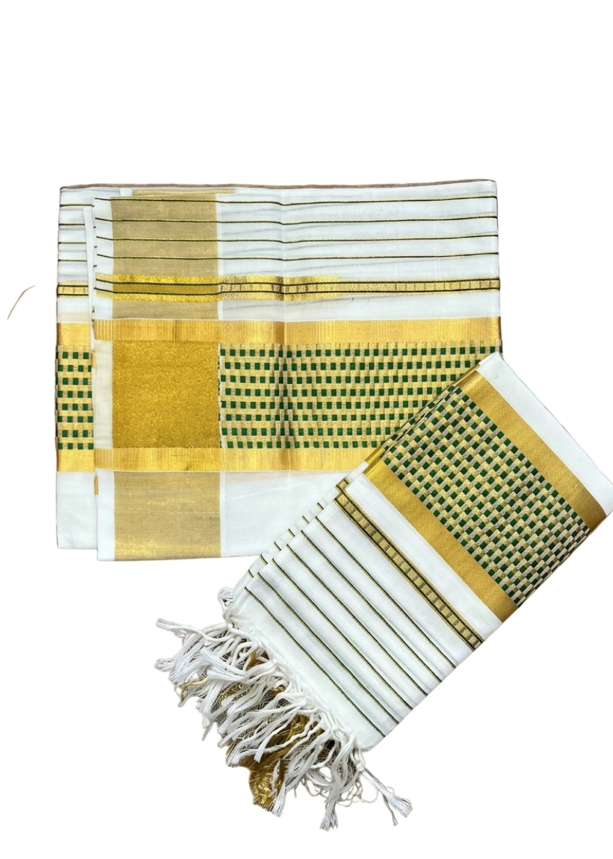 Southloom Cotton Handloom Set Mundu (Olive Green) SL619