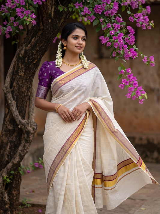Southloom Kerala Cotton Kasavu Saree with Stripes on Body in Purple Border SL356
