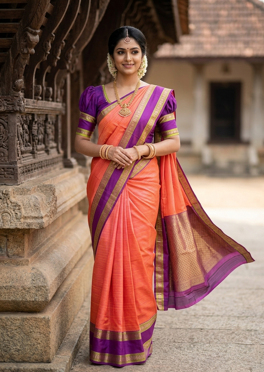 Southloom Pure Handloom Bridal Kanchipuram Silk Saree with Korvai Work (Orange & Violet)