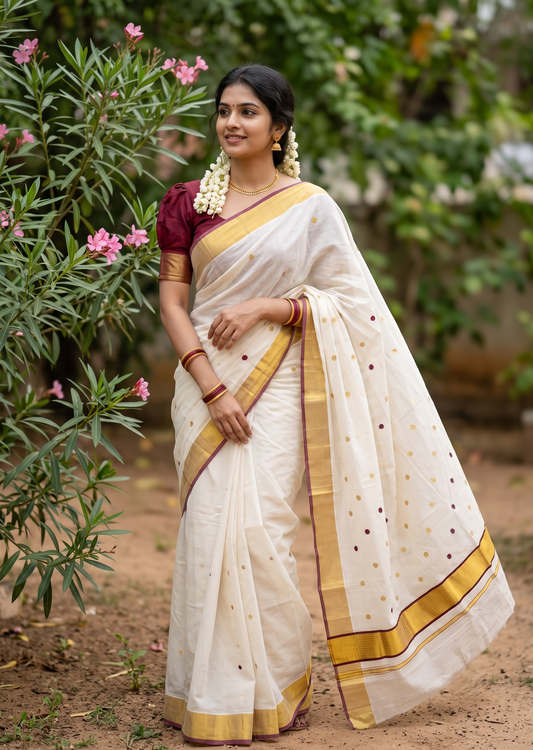 Southloom Super Premium Balaramapuram Handloom Cotton Gold And Maroon Polka Dots On Body SL628
