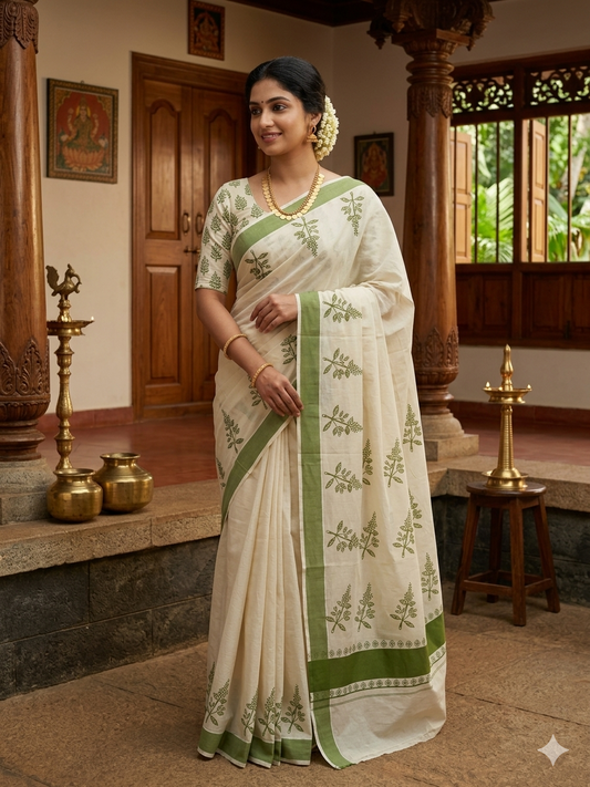 Kerala Cotton Olive Green Colour Printed Saree SL177