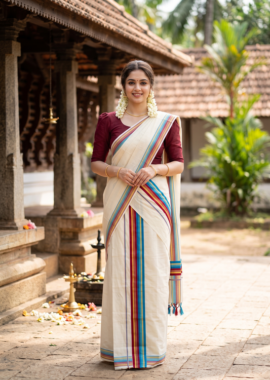 Southloom Kerala Cotton Kasavu Single Set Mundu (Mundum Neriyathum) with Maroon and Blue Border SLKK SL518