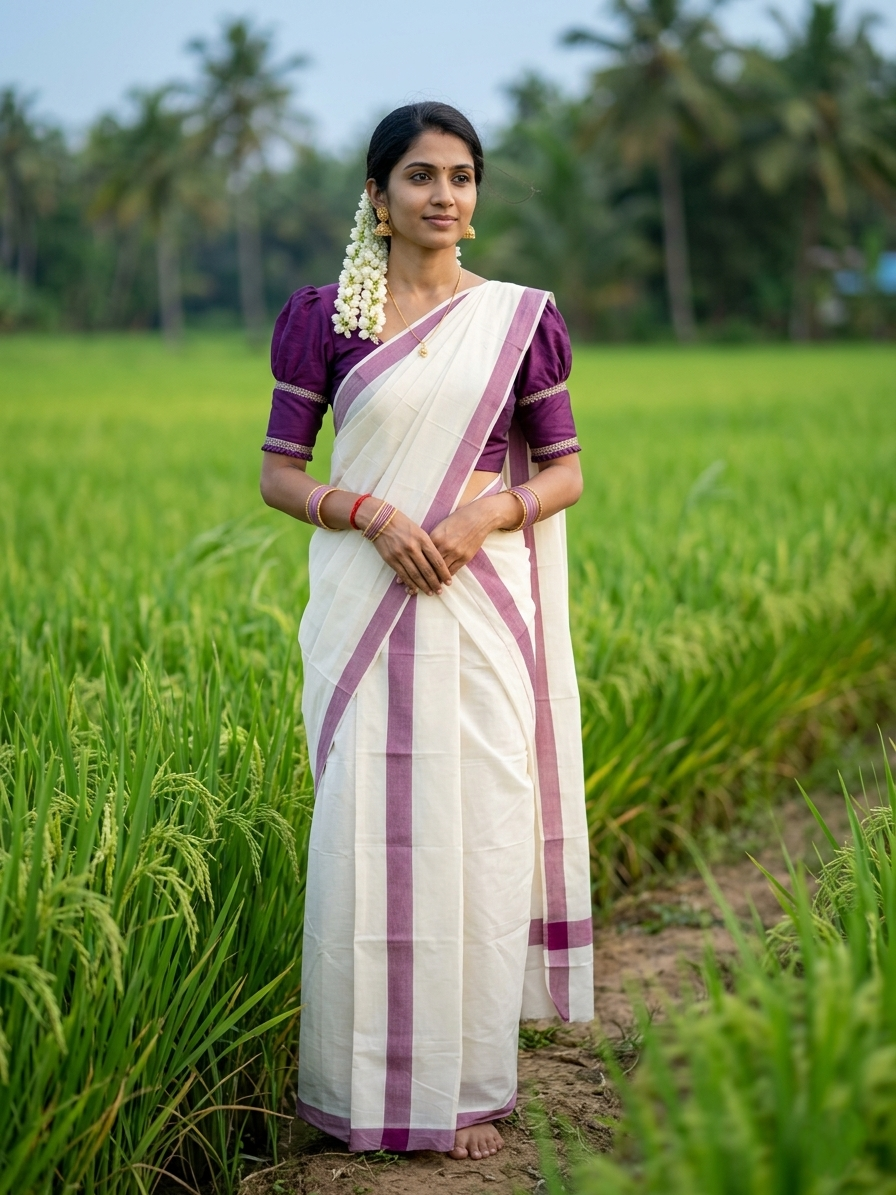 Southloom Pure Cotton Kerala Single Mulloth Set Mundu (Mundum Neriyathum) Purple Border in 2.80 mtrs SL270