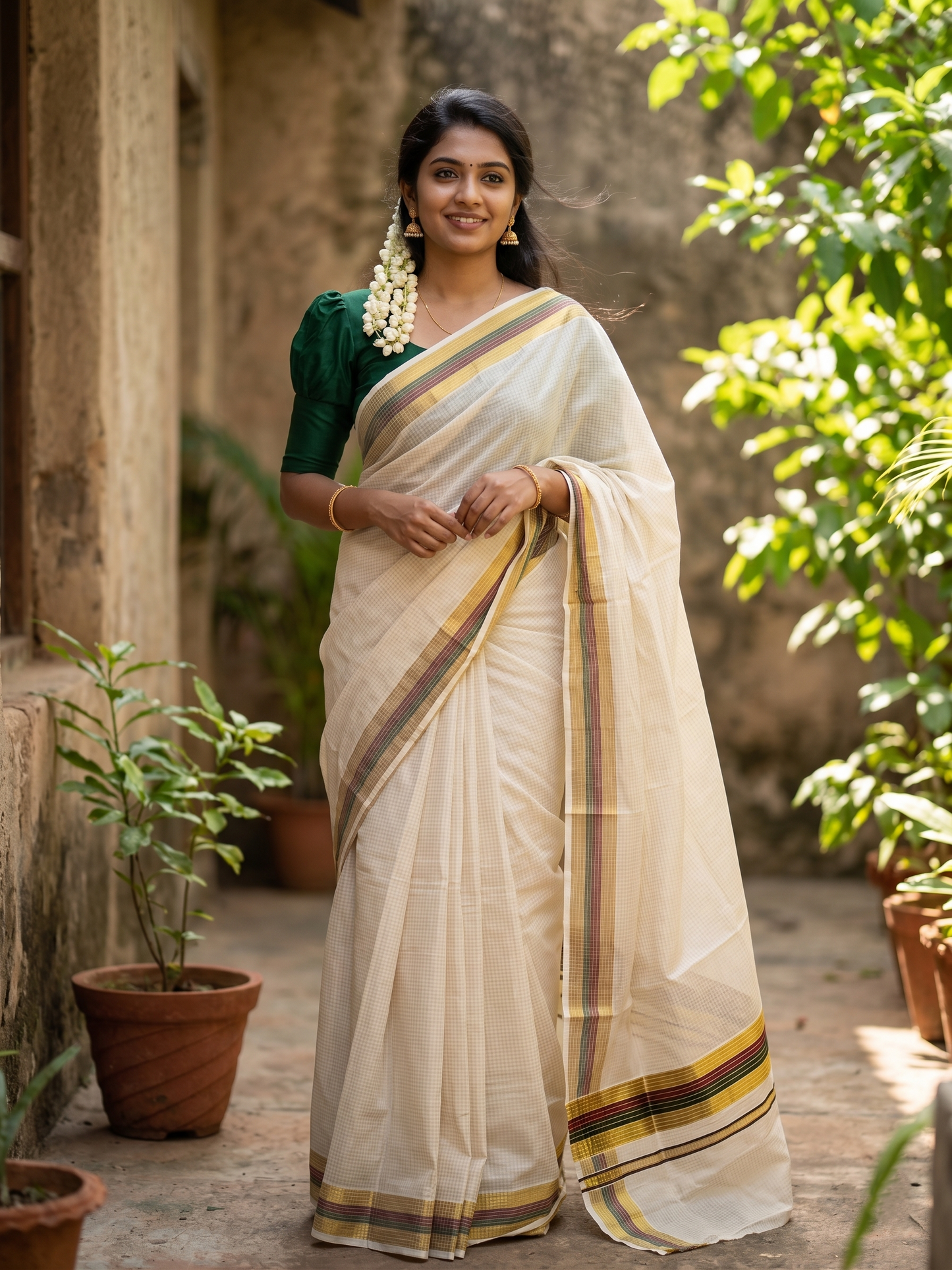 Southloom Kerala Cotton Kasavu Saree with Micro Check Design on Body in Maroon & Green Border