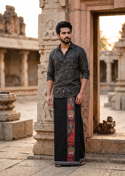 Southloom Black Printed Single Mundu / Otta Mundu / Lungi (South Indian Kerala Dhoti) with Theyyam Print