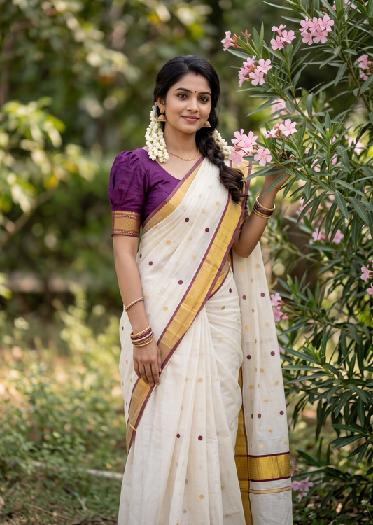 Southloom Super Premium Balaramapuram Handloom Cotton Gold And Purple Polka Dots On Body SL628
