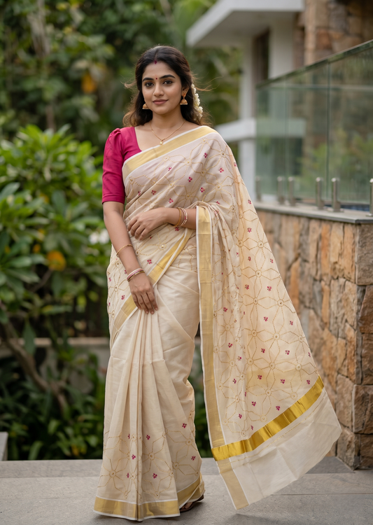 Southloom Kerala Tissue Kasavu Saree with Floral Embroidery Work on Body in Pink