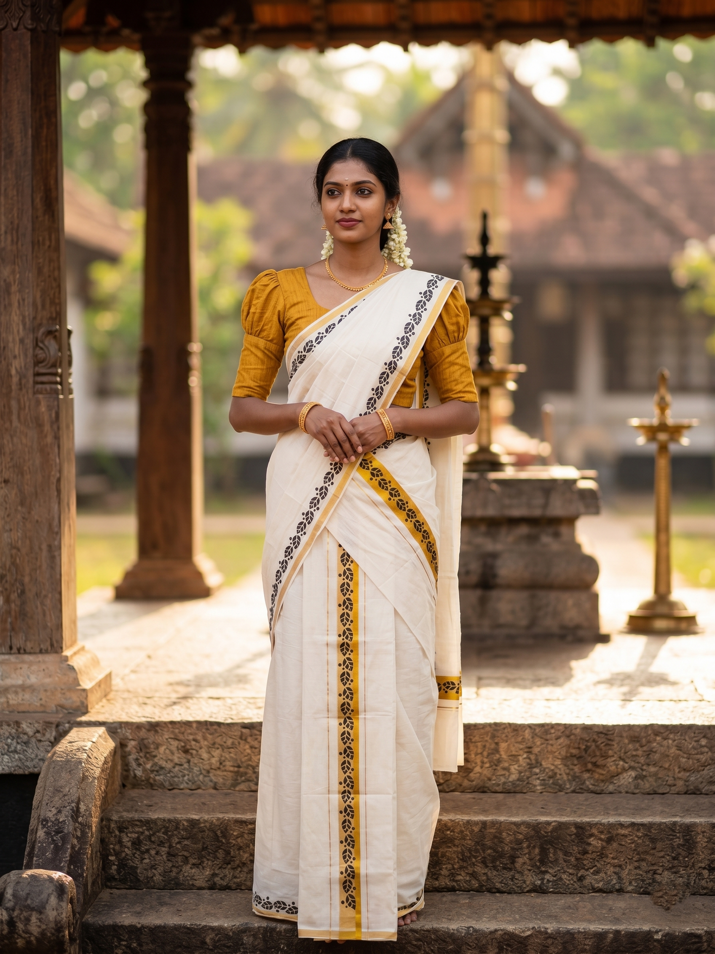 Southloom Kerala Mulloth Cotton Single Mundum Neriyathum with Digital Prints in Mustard Yellow 2.80 Mtrs SL378