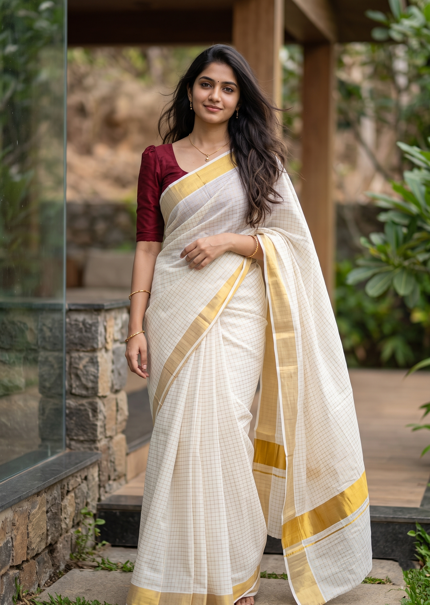 Southloom Kerala Cotton Kasavu Saree With Check Design On Body
