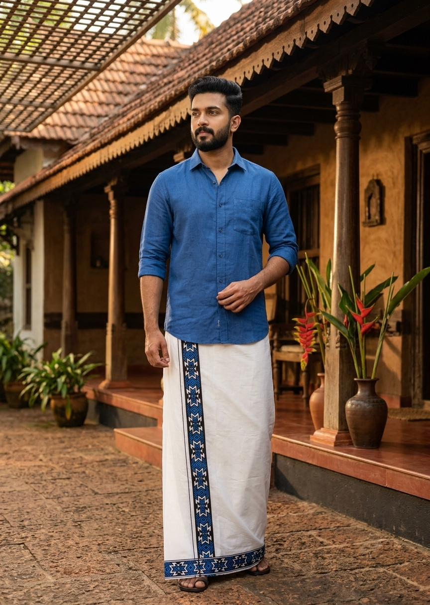 Southloom White Printed Single Mundu / Otta Mundu / Lungi (South Indian Kerala Dhoti)SL598