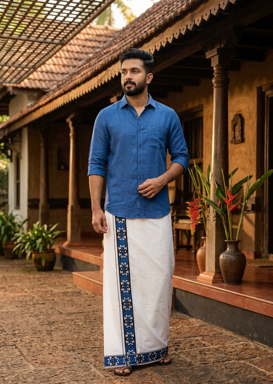 Southloom White Printed Single Mundu / Otta Mundu / Lungi (South Indian Kerala Dhoti)SL598