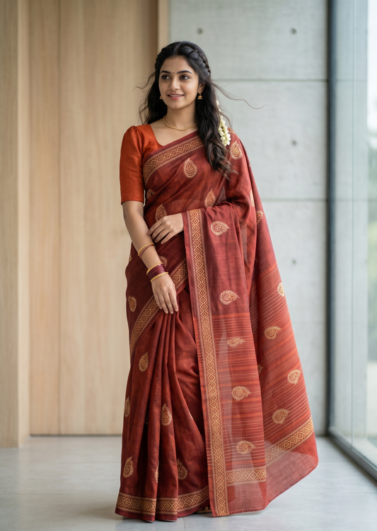 Southloom Muslin Cotton Saree With Floral Prints on the Body and Borders