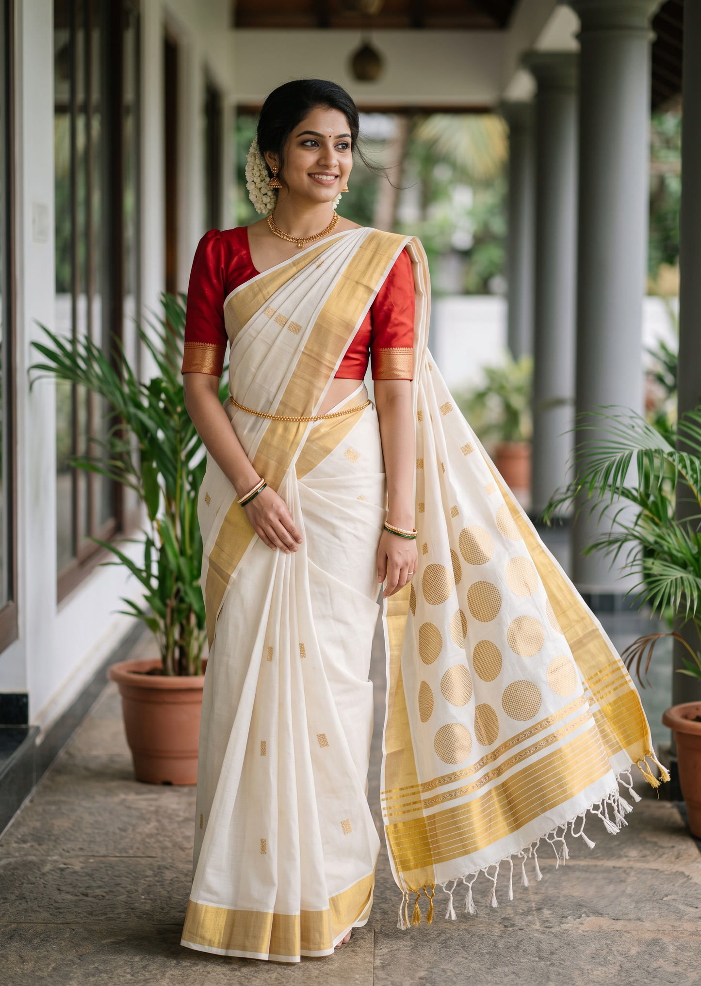 Southloom Super Premium Balaramapuram Handloom Cotton Saree With Golden Butta Works on Body and polka design on pallu