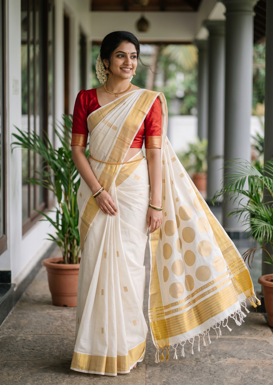 Southloom Super Premium Balaramapuram Handloom Cotton Saree With Golden Butta Works on Body and polka design on pallu