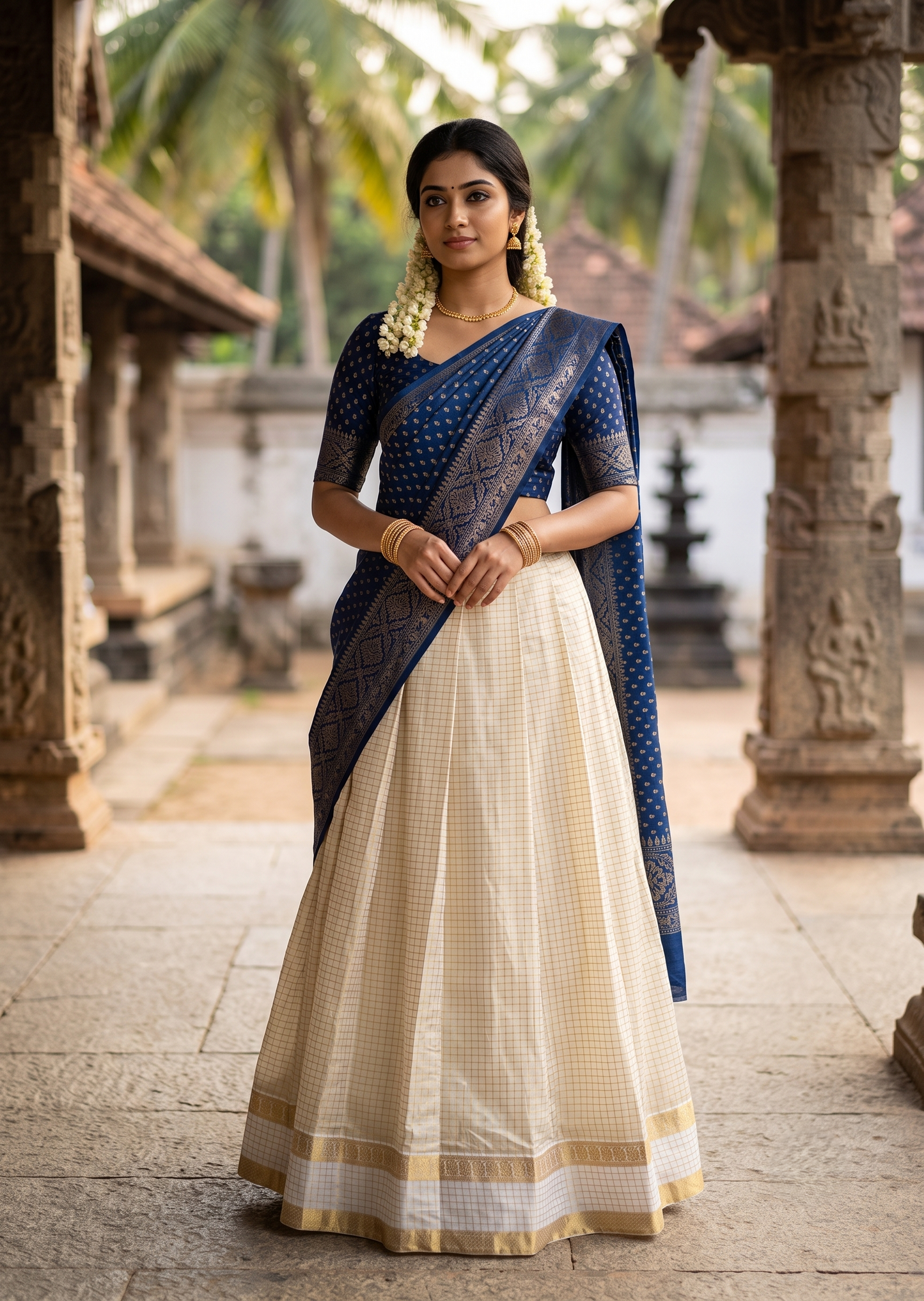 Southloom Semi UnStitched Check Dhavani Set with Pavada and Blouse Piece SL582