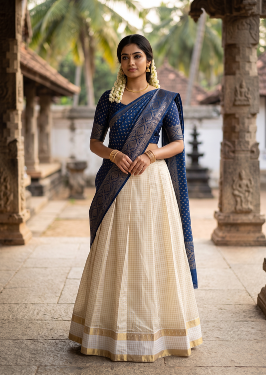 Southloom Semi UnStitched Check Dhavani Set with Pavada and Blouse Piece SL582