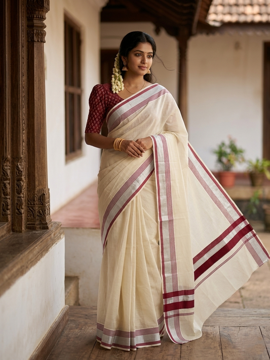 Kerala Pure Cotton Plain Saree with Silver Kasavu and Maroon Border