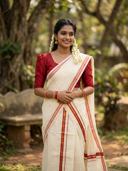 Pure Cotton Kerala Single Set Mundu (Mundum Neriyathum) with Red Kasavu Border in 2.80 Mtrs